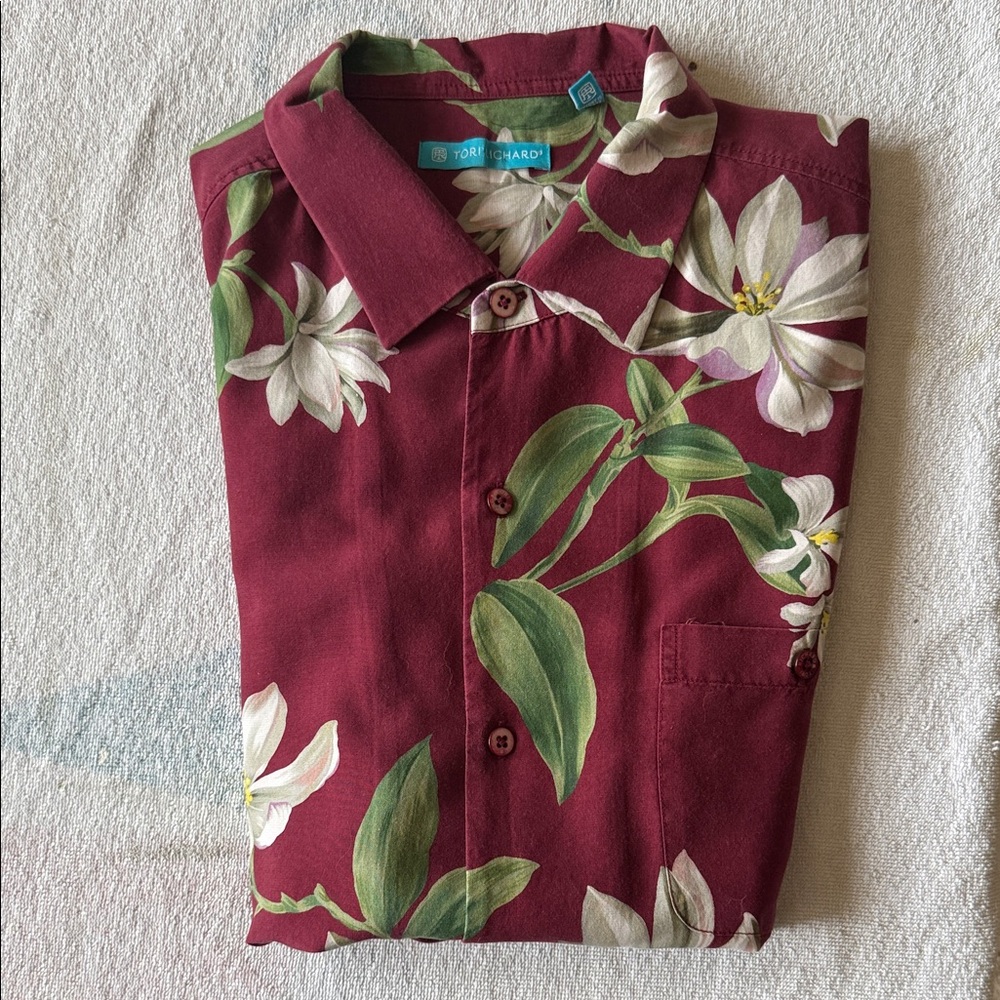 Tori Richard Maroon Shirt With White And Green Fl… - image 1